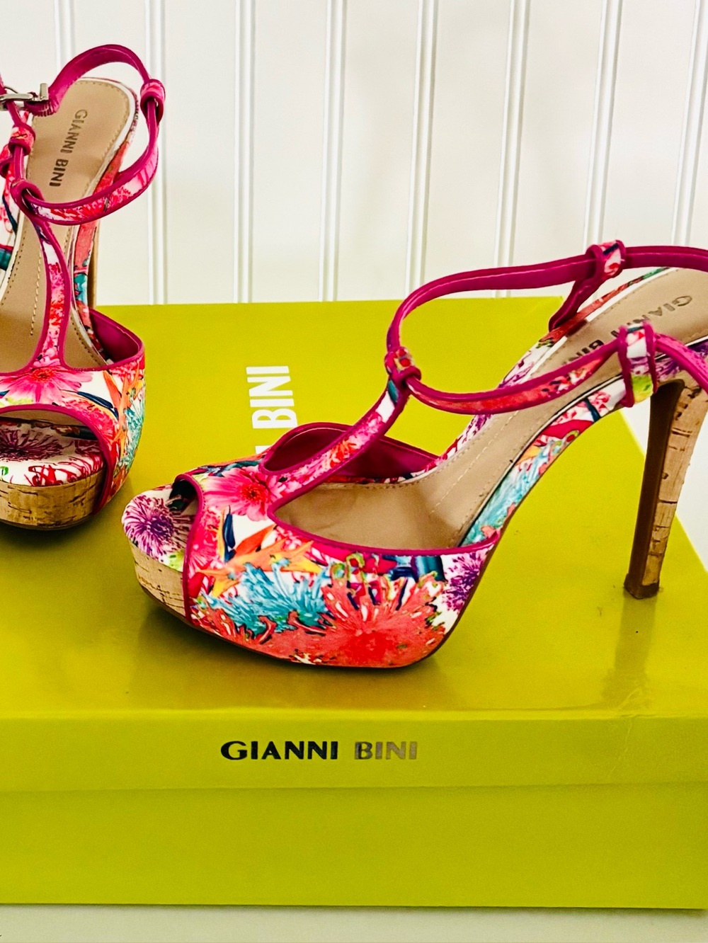 Gianni Bini Fuchsia Floral Cork Platform Sandals